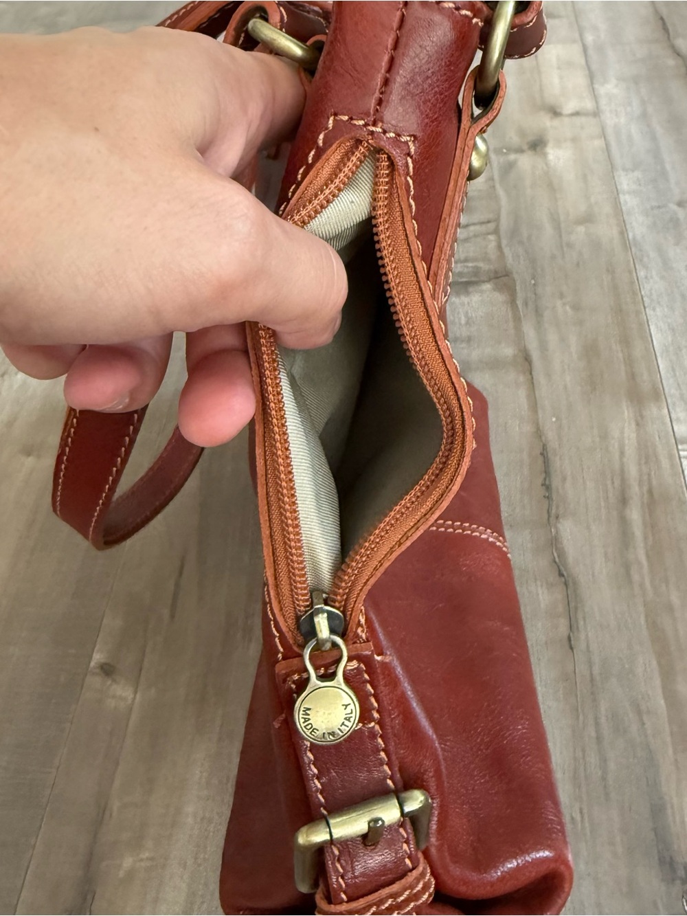 Florence Leather Handbag Purse Made in Italy Glossy Orange Brown Shoulder Bag - Picture 9 of 16